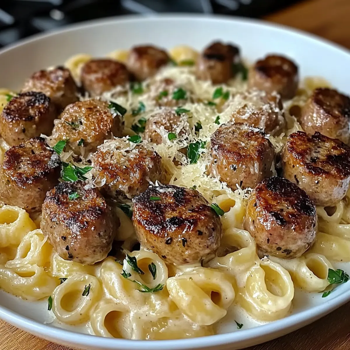 Knoblauchbutter-Wurstbissen mit cremiger Parmesan-Pasta
