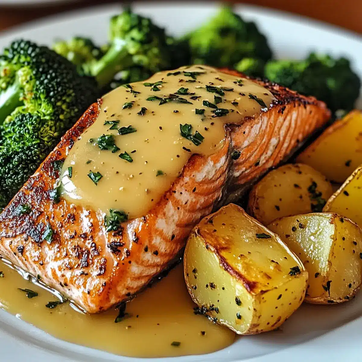 Lemon butter salmon with crispy potatoes and broccoli
